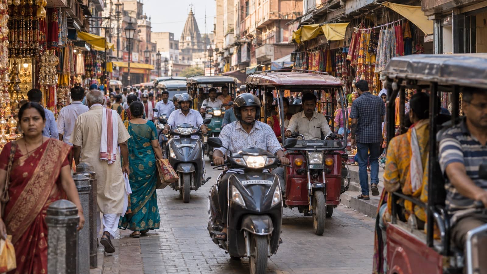 E-rickshaws and two-wheelers caught in congestion on a central Varanasi road