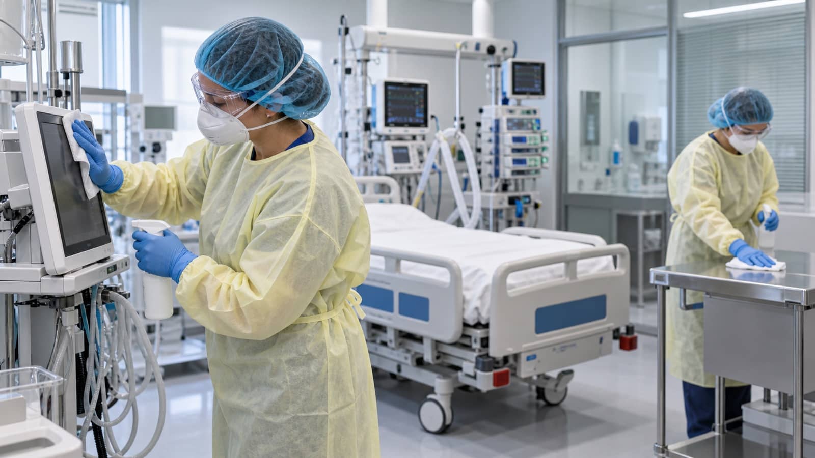 Hospital staff disinfecting equipment in an intensive care unit