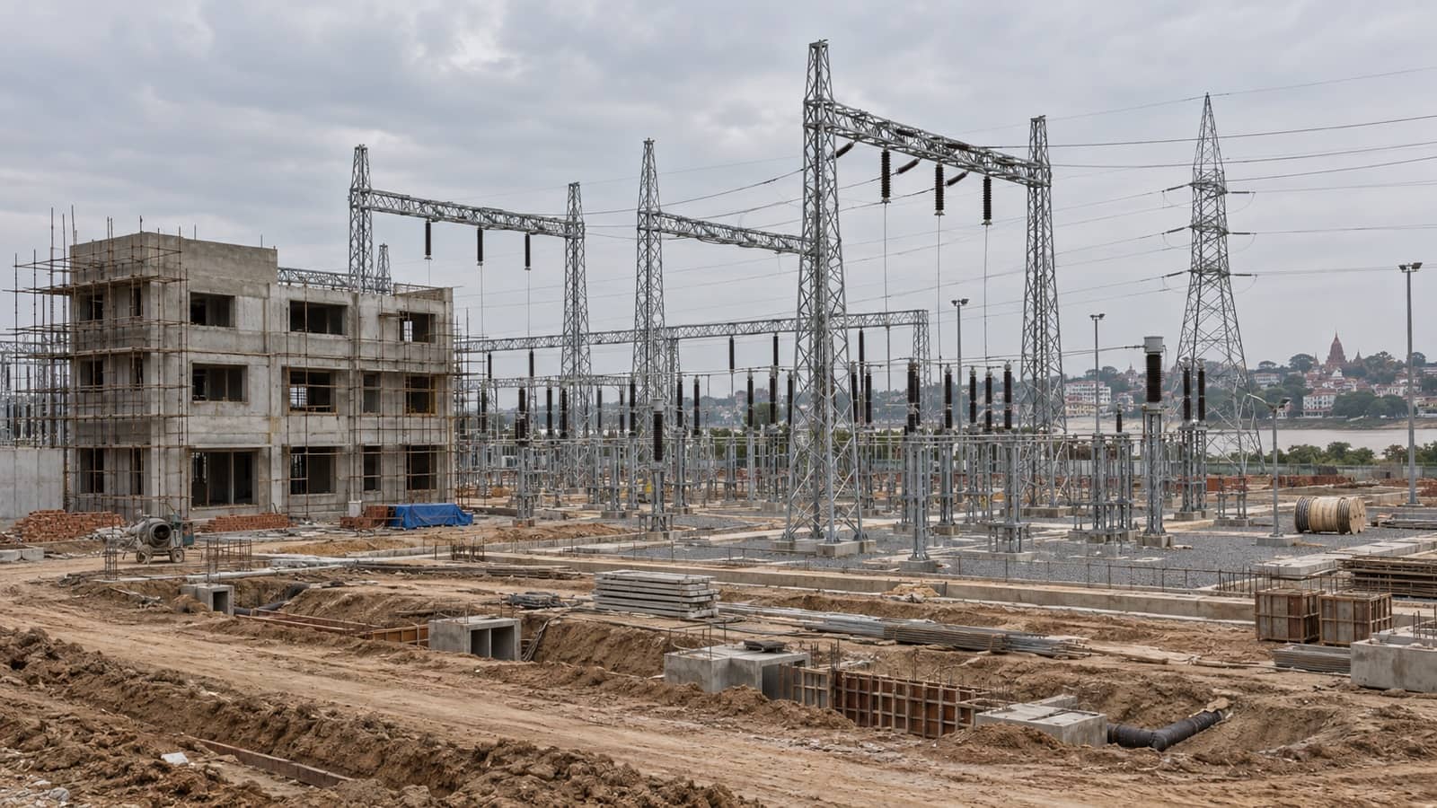 Partially built high-voltage substation and control building in Varanasi