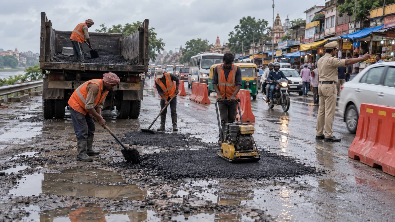 Road crew filling potholes on the Varanasi-Bhadohi highway