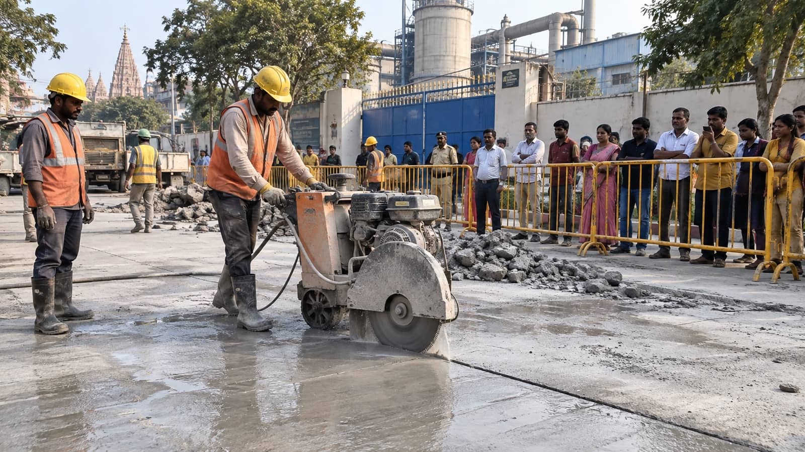 Fresh concrete road being cut as residents gather near BLW Pahari Gate