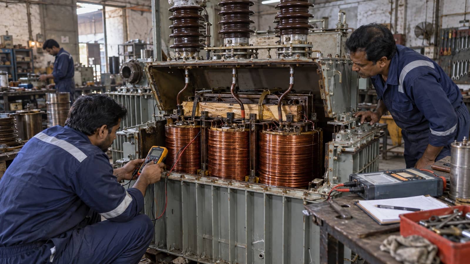 Technicians inspecting an opened distribution transformer in a workshop