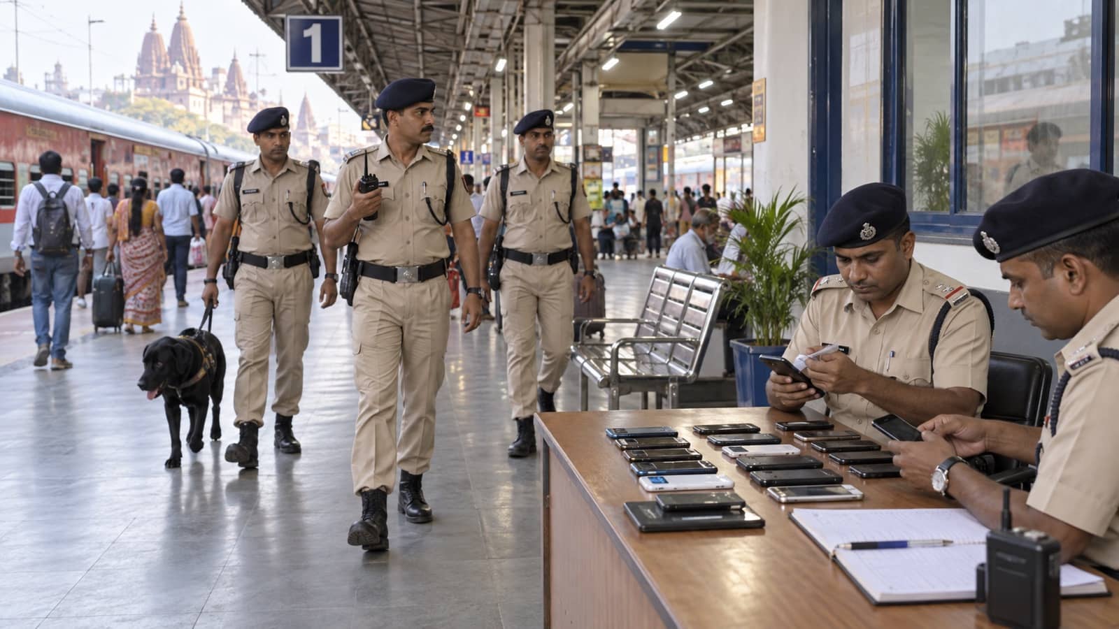 Railway security officers patrolling platform one at Varanasi Cantt