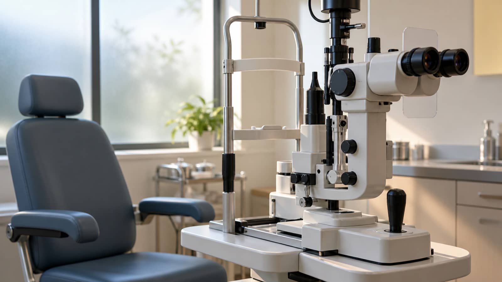 Representative image of a slit-lamp instrument in an empty eye examination room