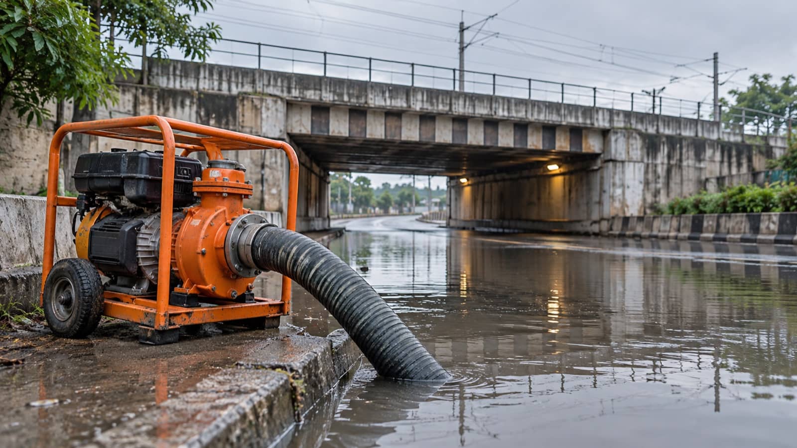 Illustrative drainage pump beside rainwater at a generic urban underpass