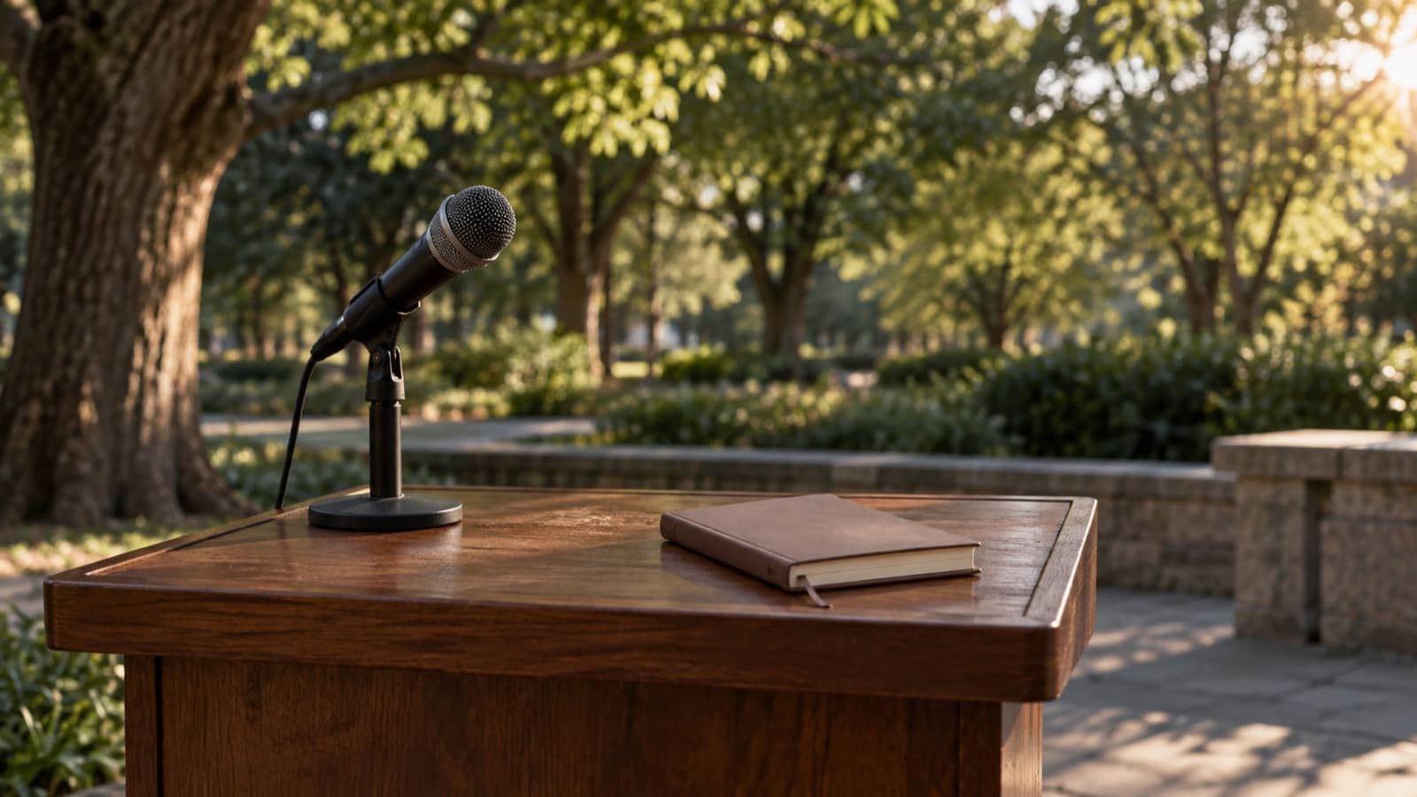Illustrative microphone and poetry notebook at an outdoor campus lectern