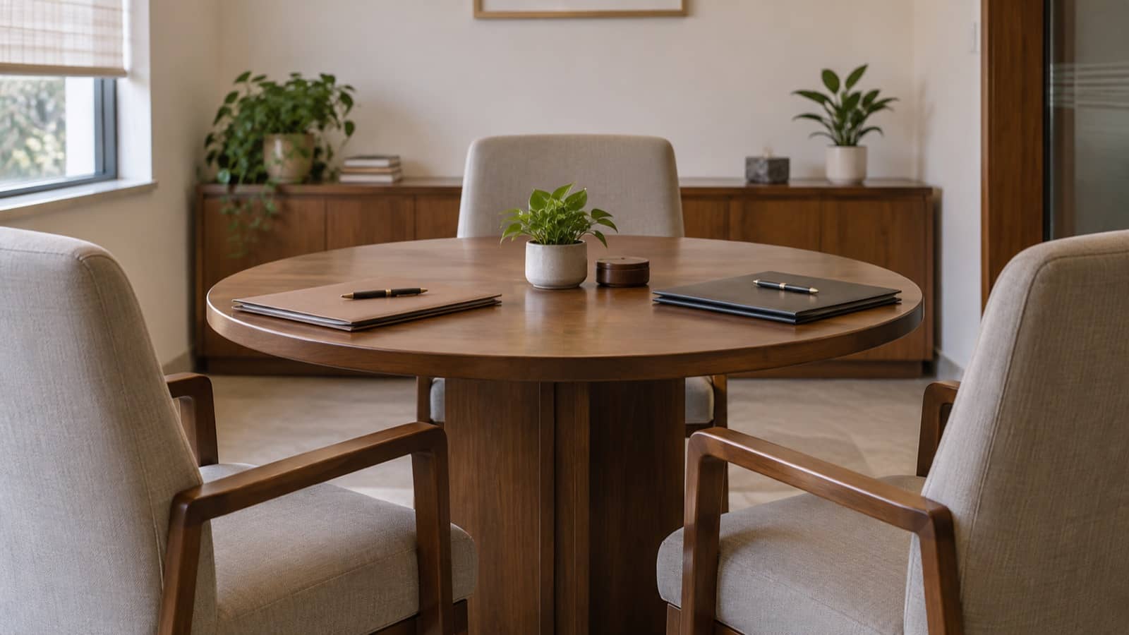Representative image of an empty mediation table with case folders