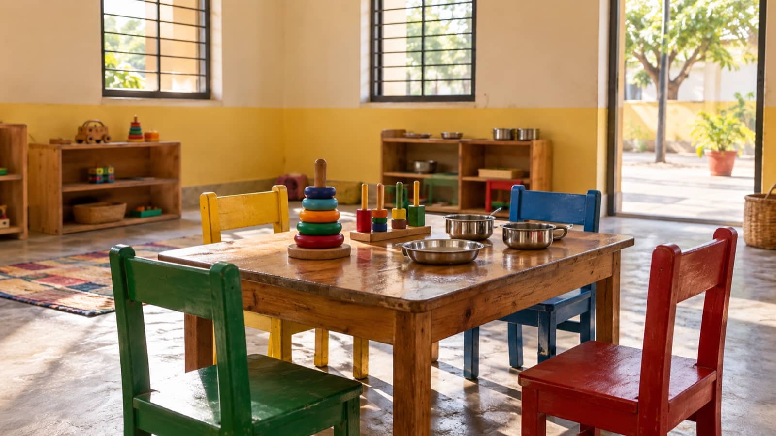 Representative image of an empty anganwadi classroom with toys and food bowls