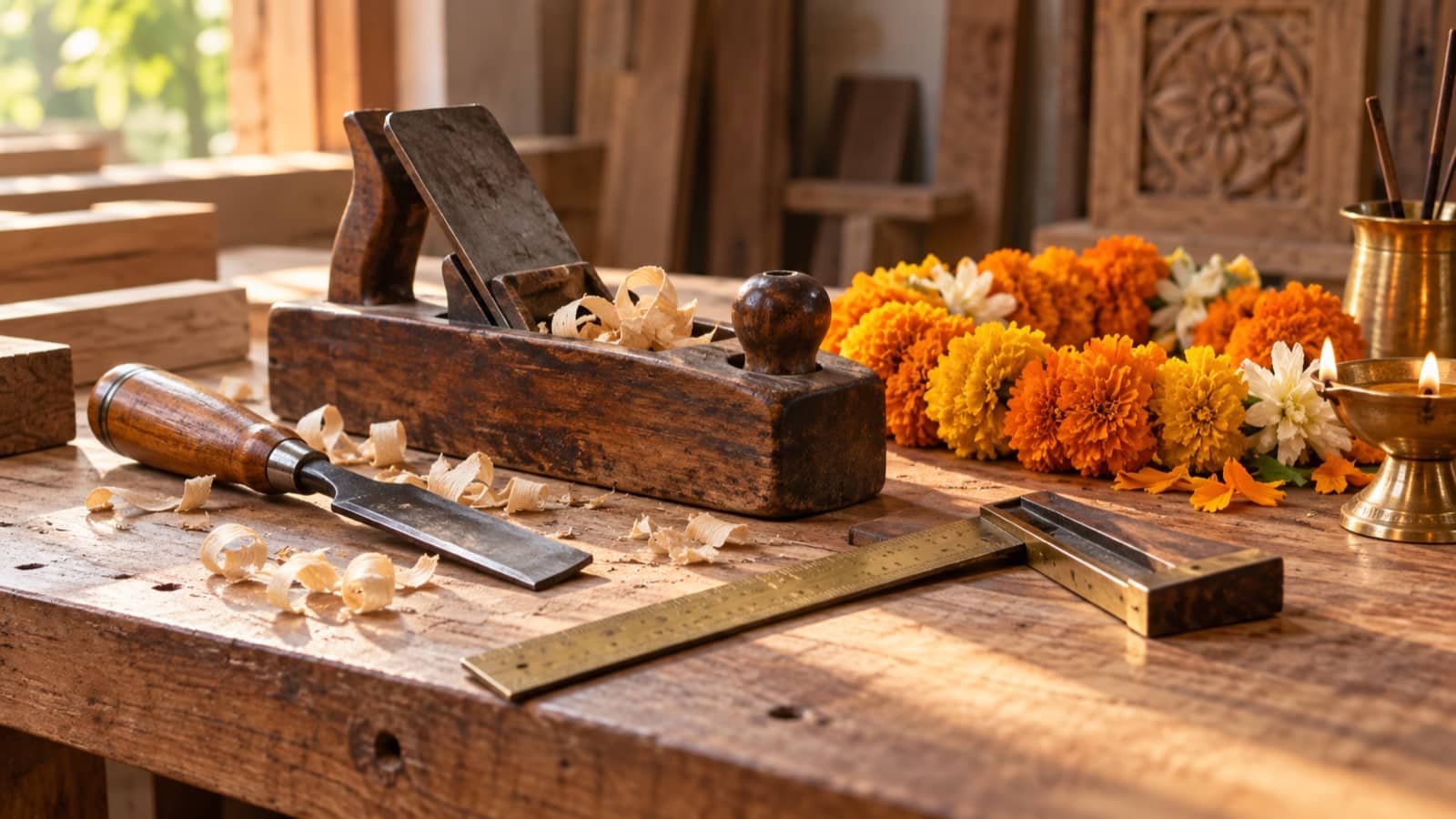 Representative still life of craft tools and a marigold garland on a workbench