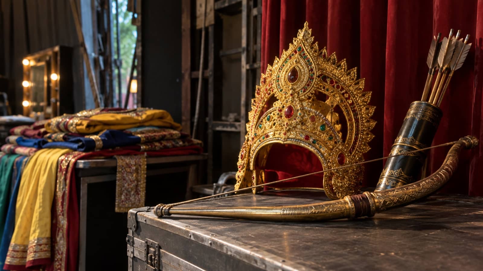 Representative still life of a theatrical crown, bow and costumes backstage