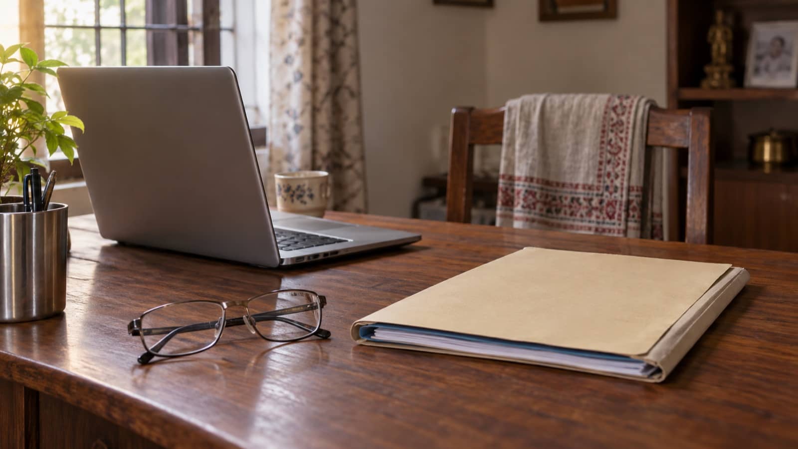 Representative image of reading glasses, a medical folder and a laptop