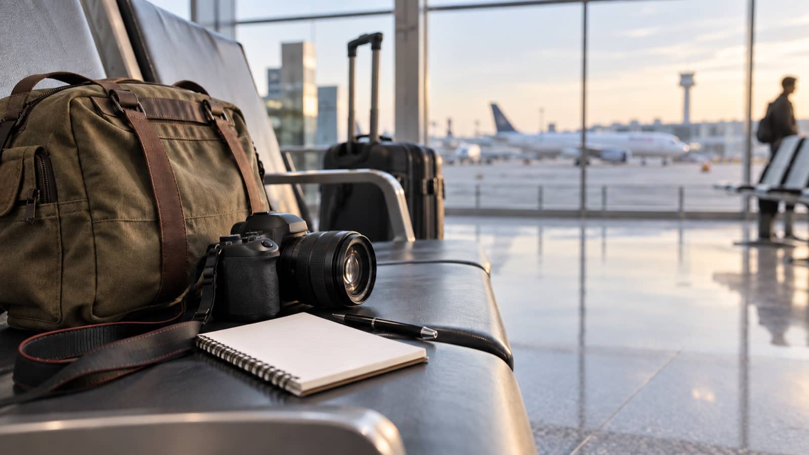 Representative image of a reporter’s camera and notebook beside a travel bag