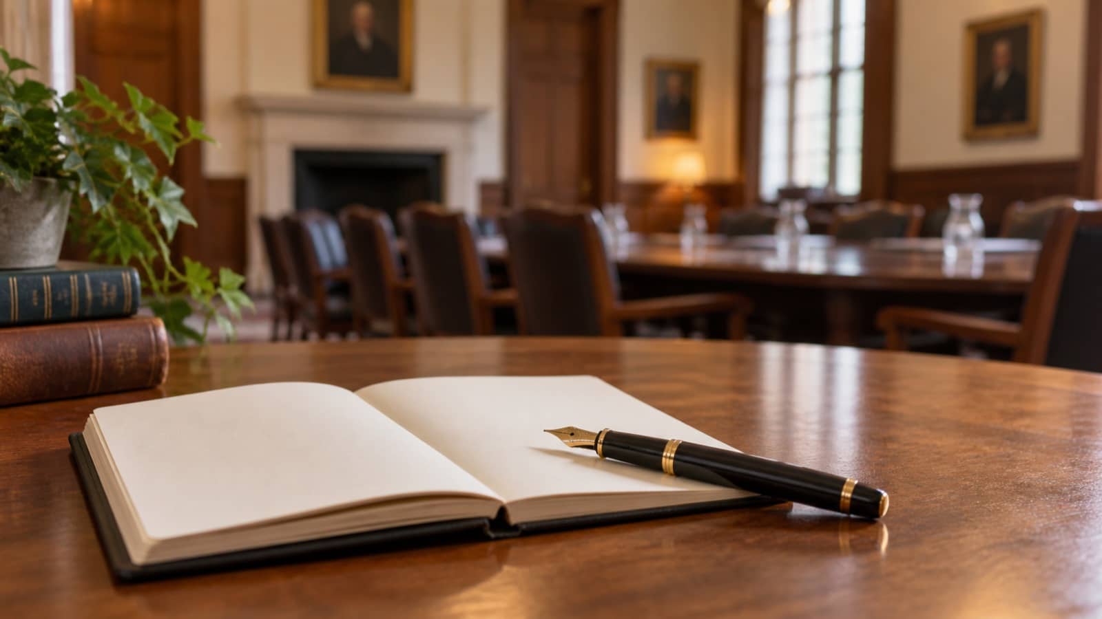 Representative image of a fountain pen and notebook in an empty university meeting room