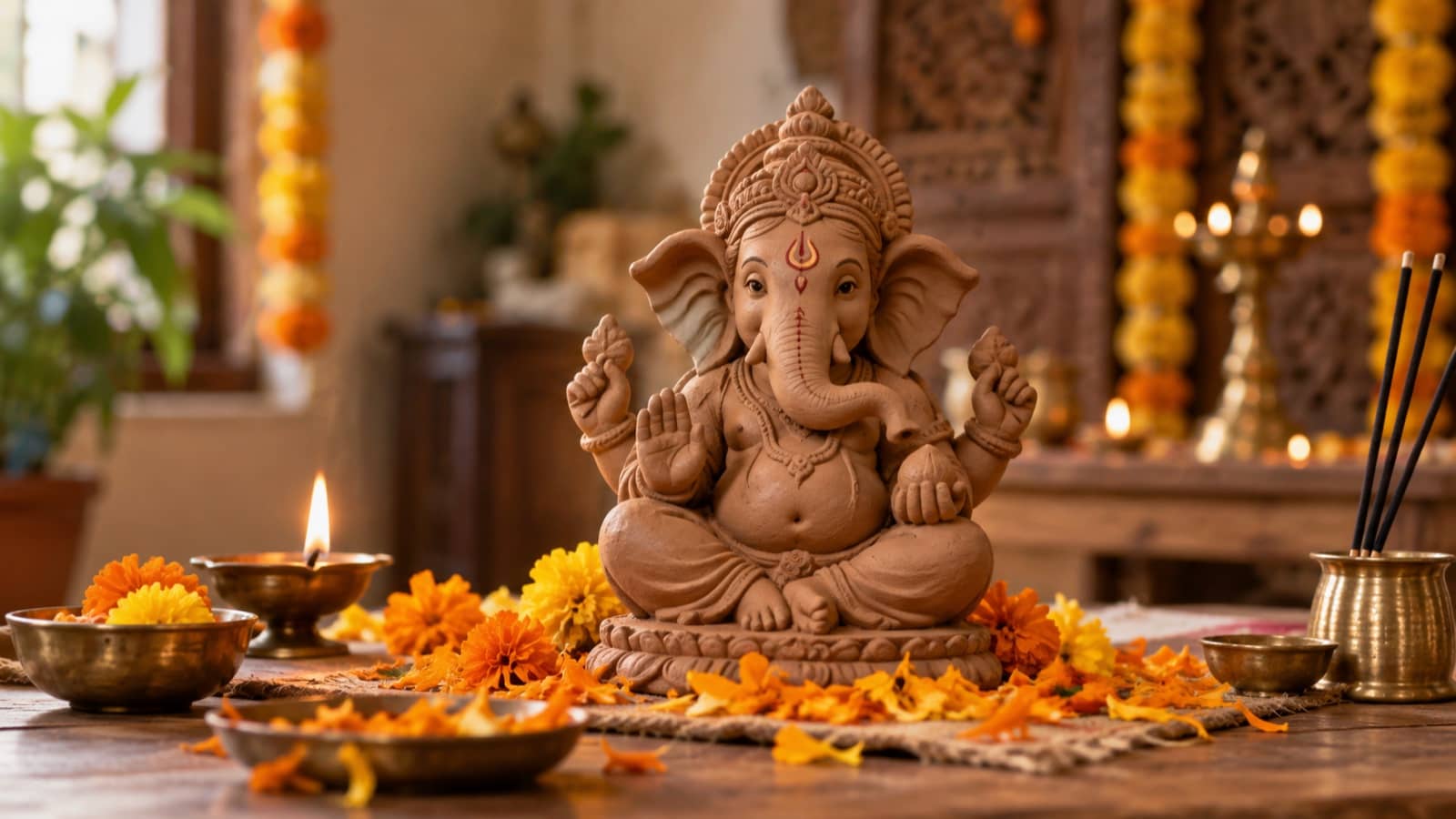 Representative image of a clay Ganesha idol with marigolds; not the festival’s actual idol