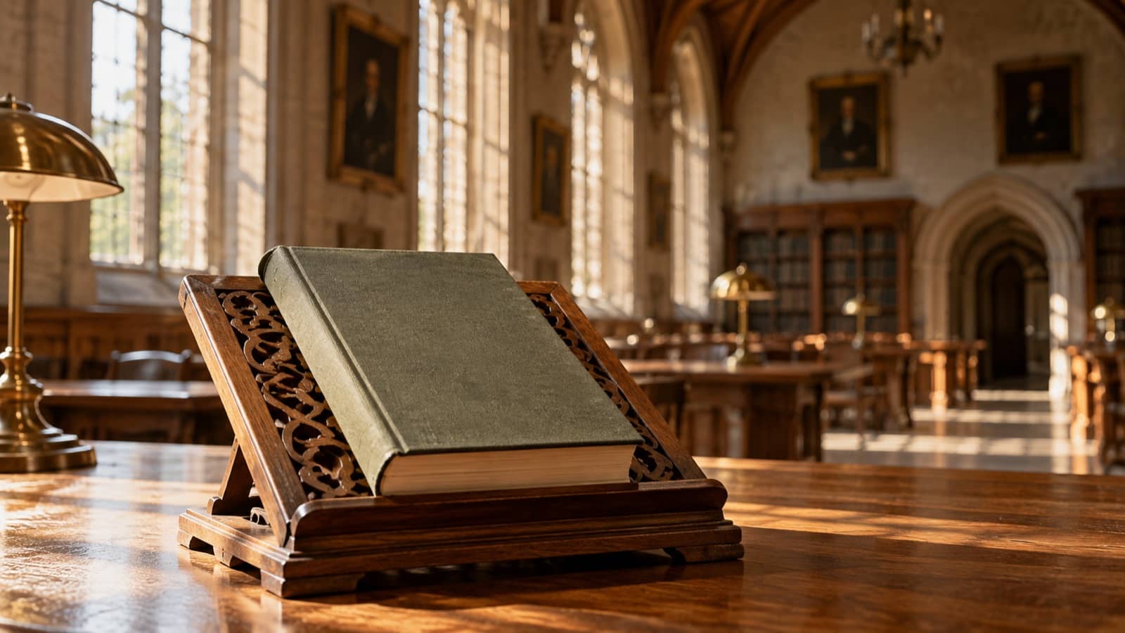 Representative image of a cloth-covered book on a wooden reading stand