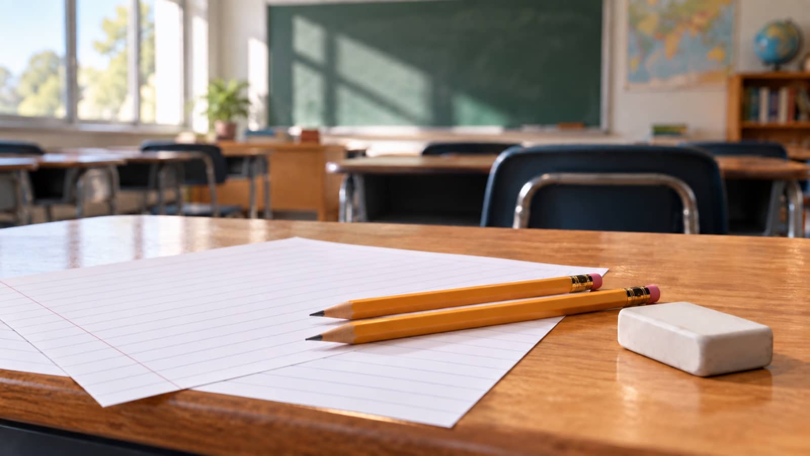 Representative image of pencils and blank answer sheets on an empty classroom desk