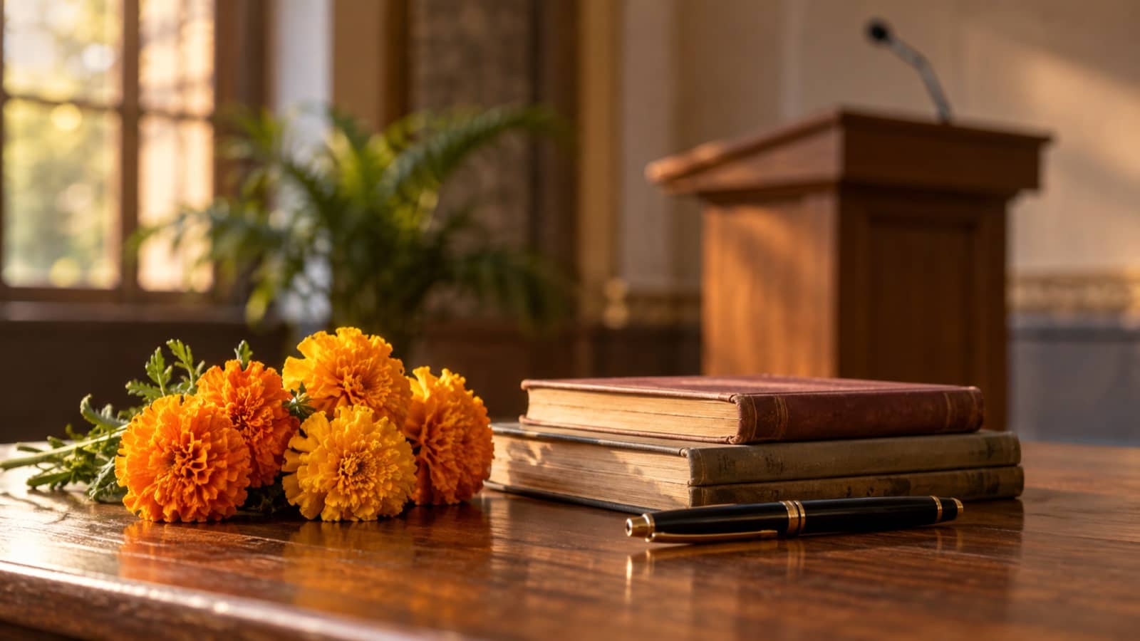 Representative still life of marigolds and books beside an empty lectern