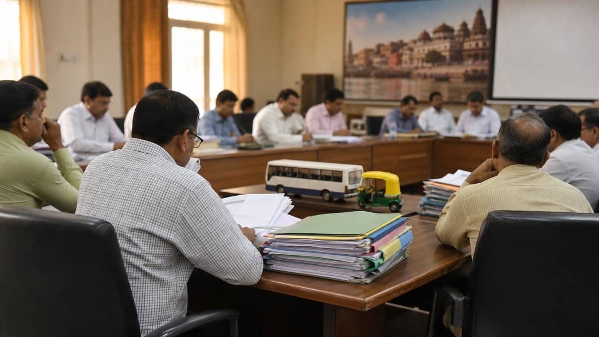 Transport officials reviewing permit files at a conference table in Varanasi
