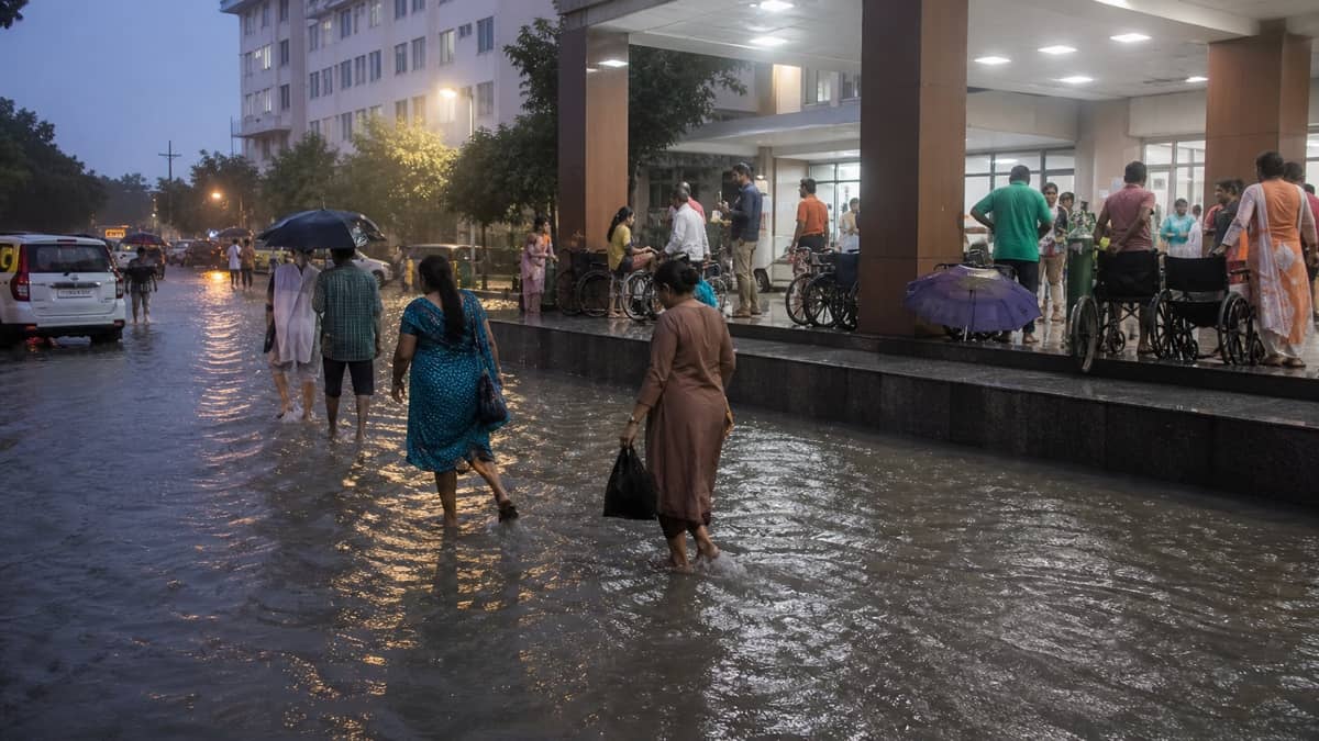 Patients and attendants crossing shallow rainwater outside a teaching hospital