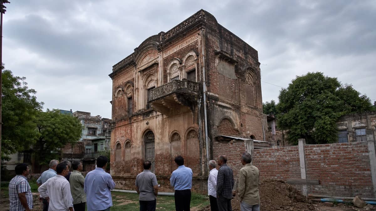 Residents examining construction beside an old heritage building in Varanasi
