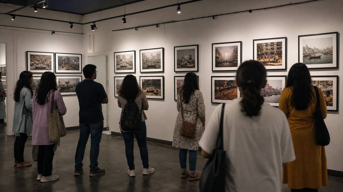 Visitors viewing documentary photographs in a university art gallery