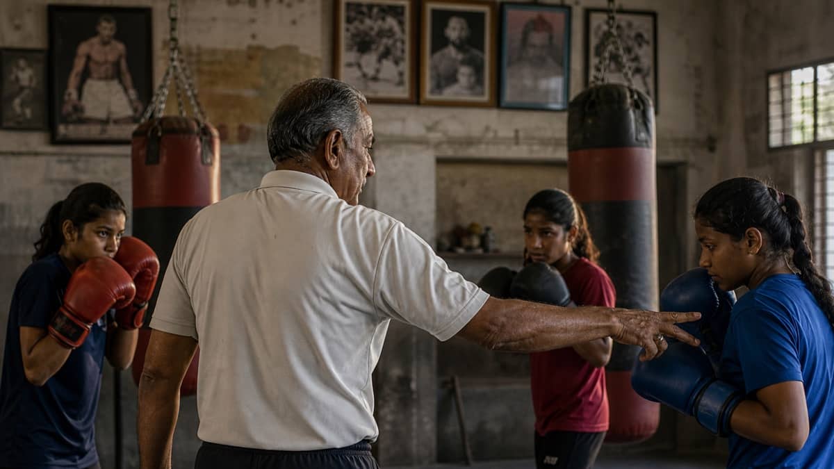 Veteran boxing coach guiding young women athletes in a training gym