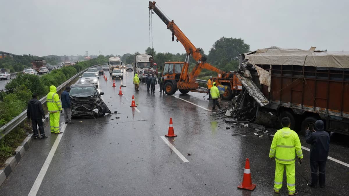 Road crews clearing damaged vehicles from a rainy divided highway
