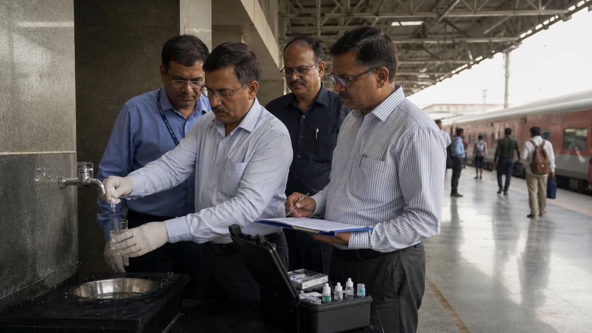 Railway officials using a field kit to test drinking water on a station platform