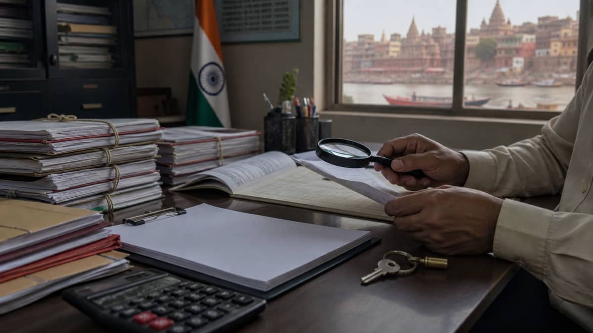 Audit ledgers, calculator and a hostel key on a government office desk