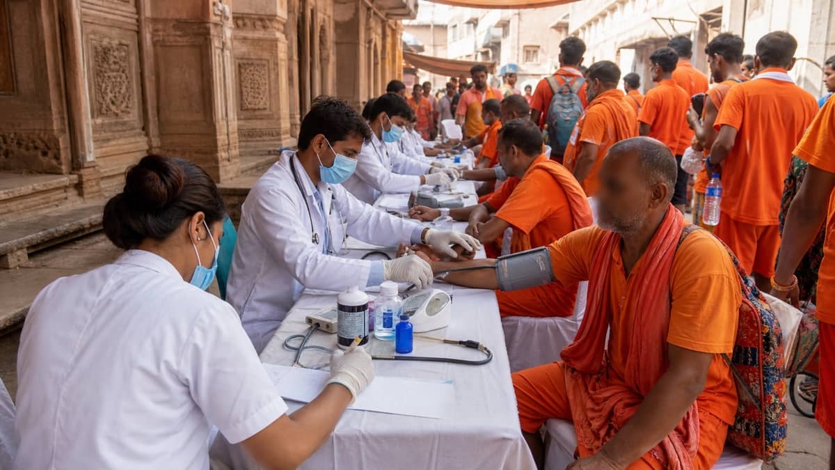 Doctors checking pilgrims at a free medical camp in an old Varanasi lane