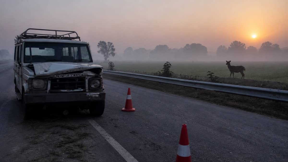 Predawn highway crash scene with warning cones near fields