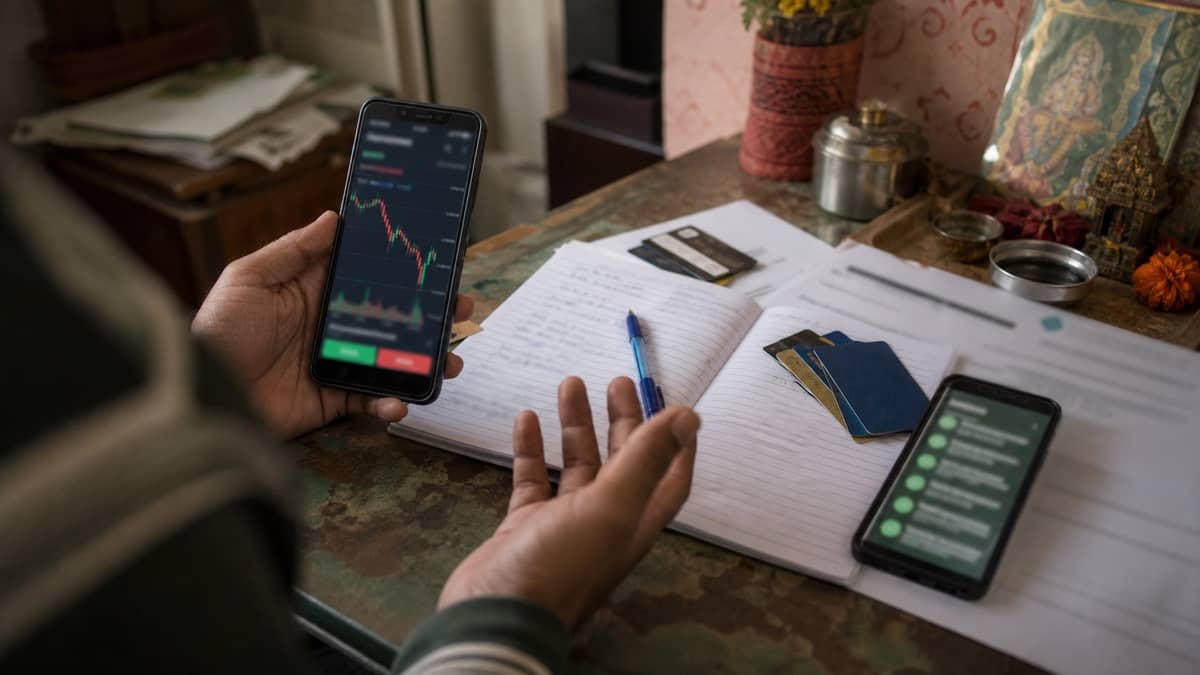 Smartphone with a generic trading chart beside a cybercrime complaint notebook