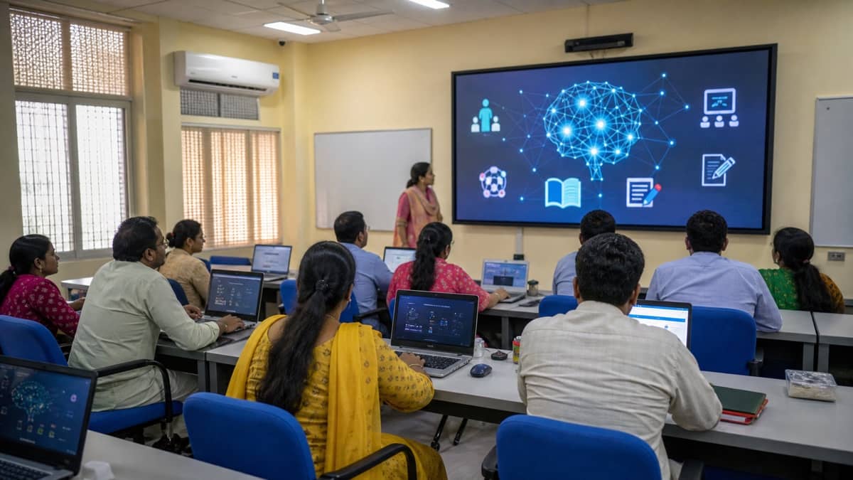 Teachers using laptops in an AI learning centre at a teacher-training institute