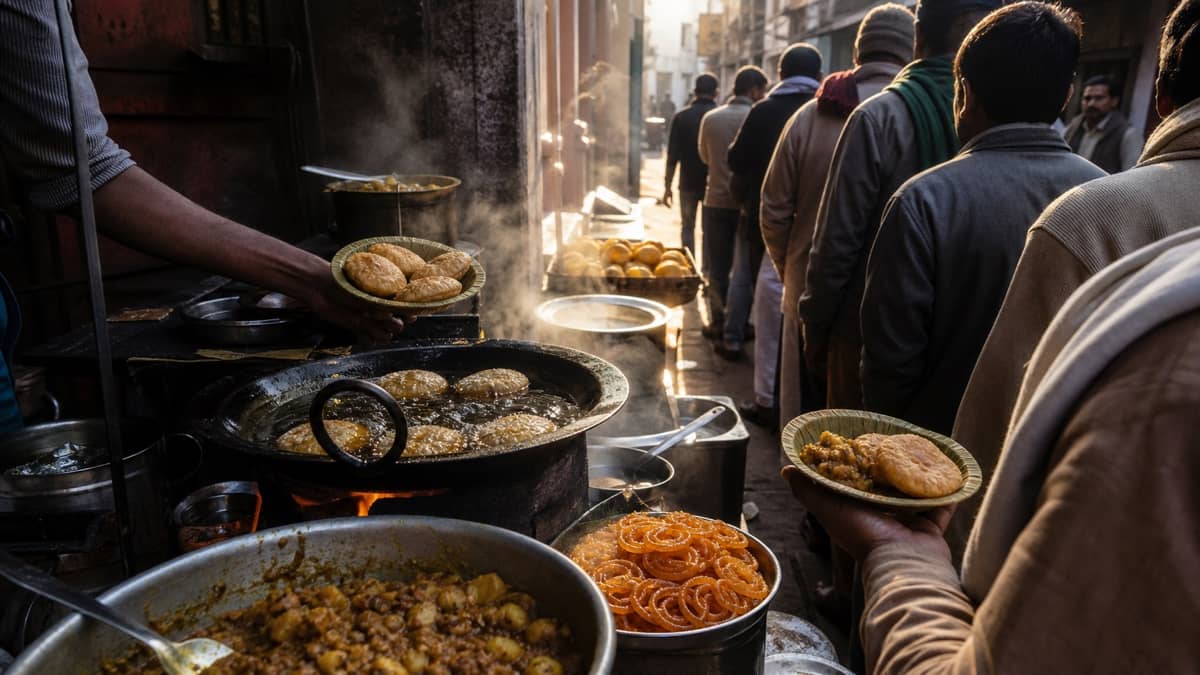 Fresh Banarasi kachori, potato curry and jalebi at an old-city food stall