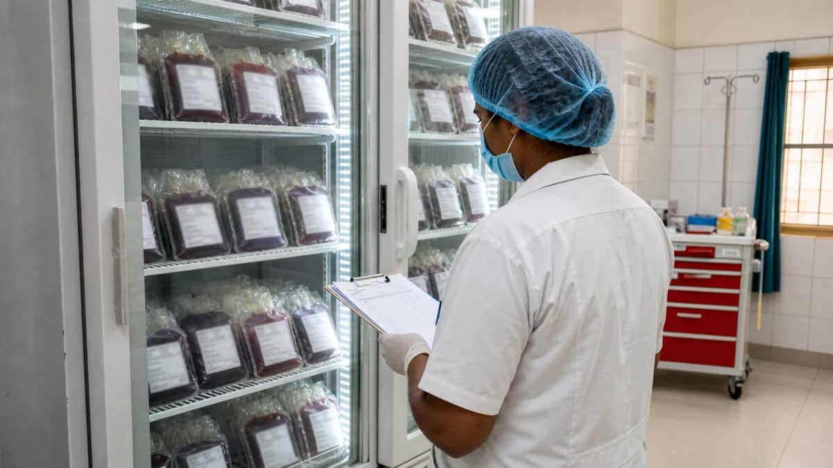 Technician checking a blood storage refrigerator at a community health centre
