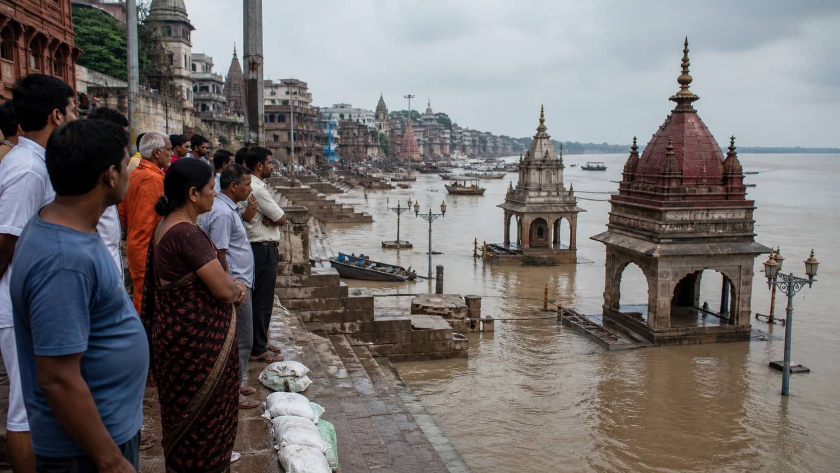Rising Ganga water covering lower steps near a Varanasi temple as residents watch from above