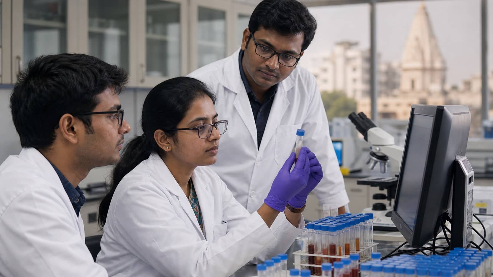 Medical researchers examining labelled samples in a modern BHU laboratory in Varanasi
