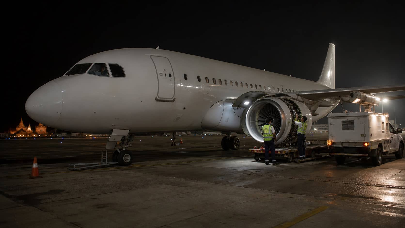 Passenger aircraft parked near an inspection vehicle at Varanasi airport after sunset