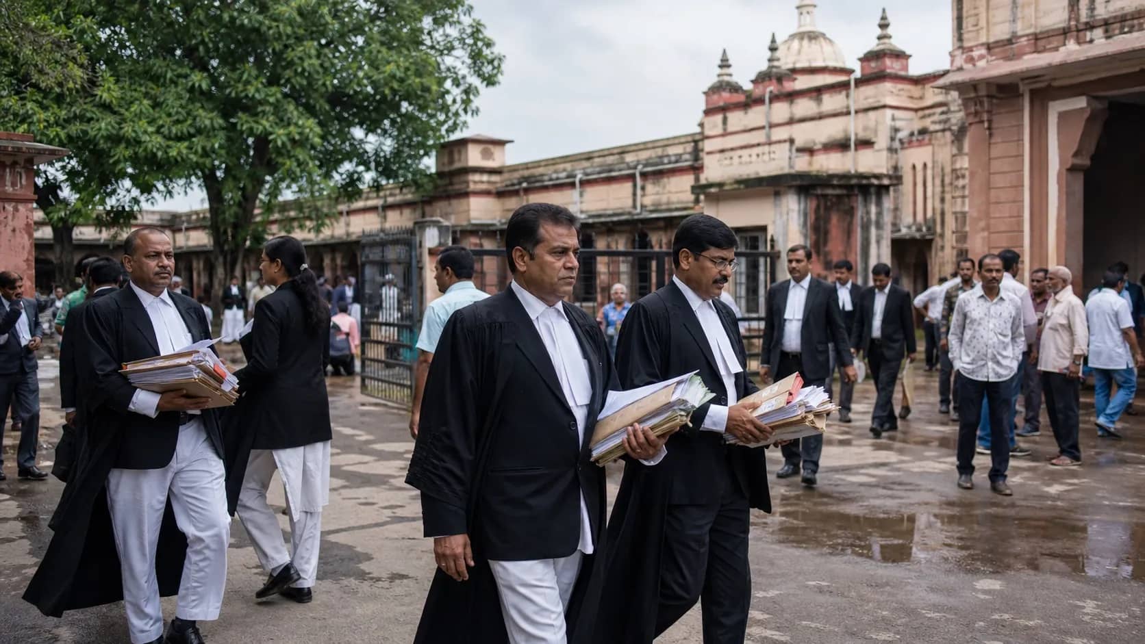 Lawyers walking outside the Varanasi district court complex on a cloudy day