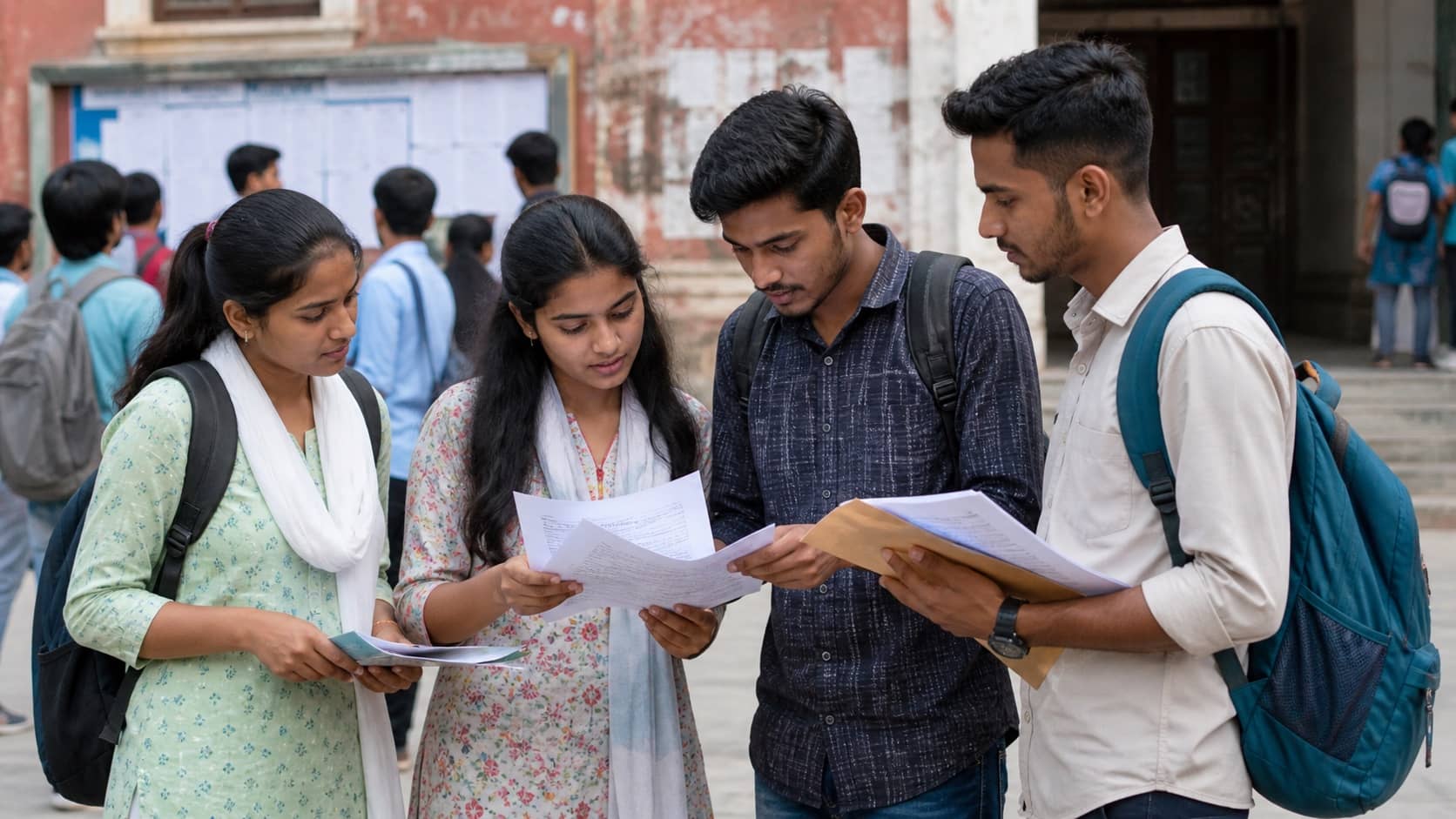 Students reviewing admission forms outside a college study centre in Varanasi