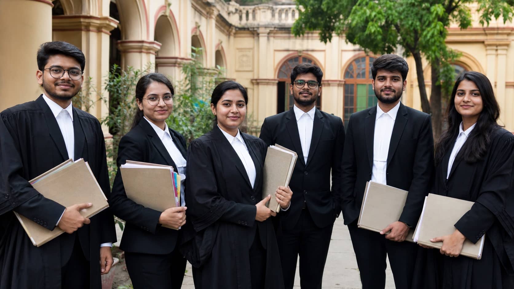 Young law graduates holding case files outside the BHU law faculty building