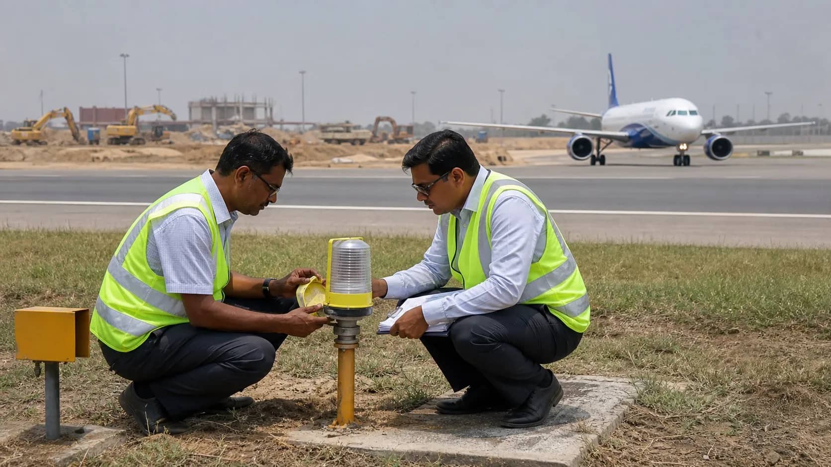 Aviation safety inspectors in reflective vests examining a runway edge at Varanasi airport