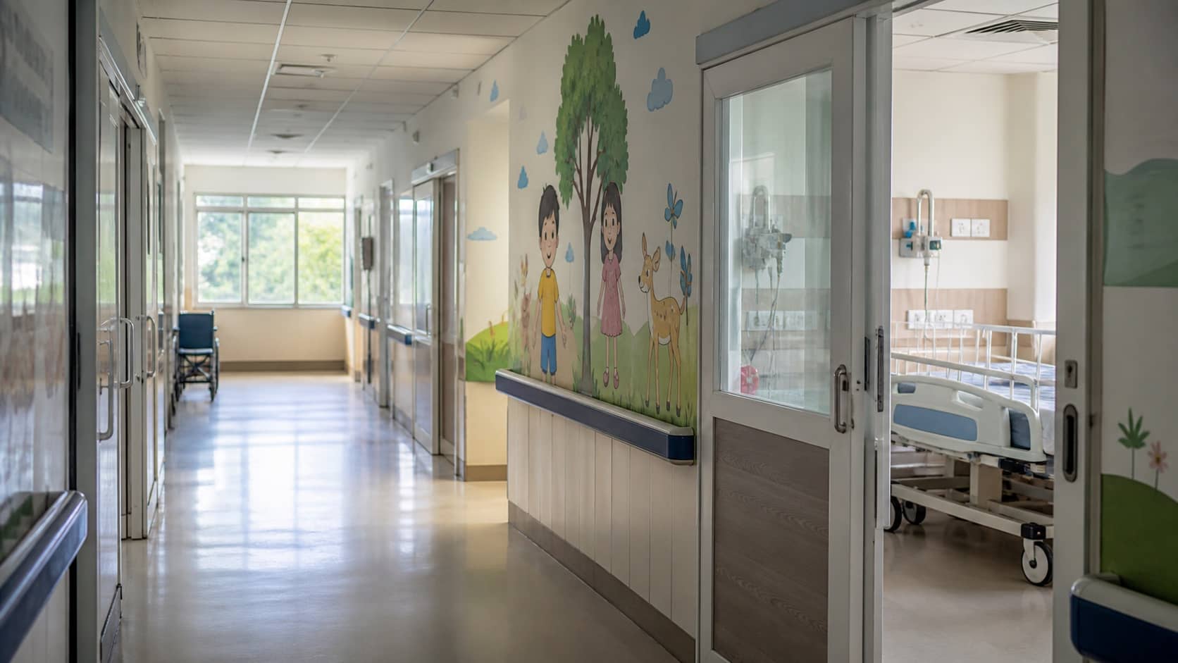 Empty hospital corridor near the paediatric recovery ward at BHU Trauma Centre