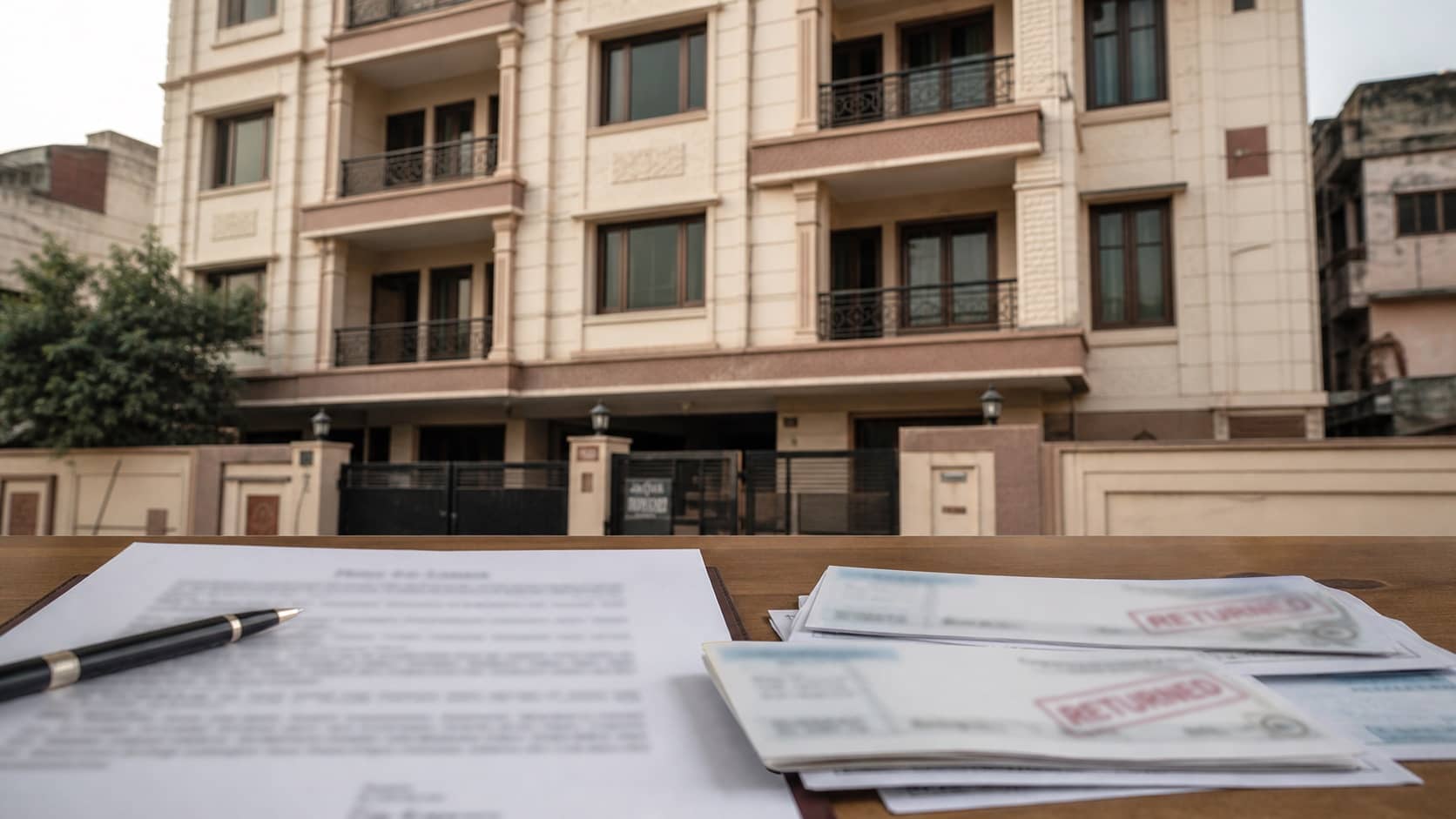 Apartment building facade behind a property agreement and bounced cheque notices