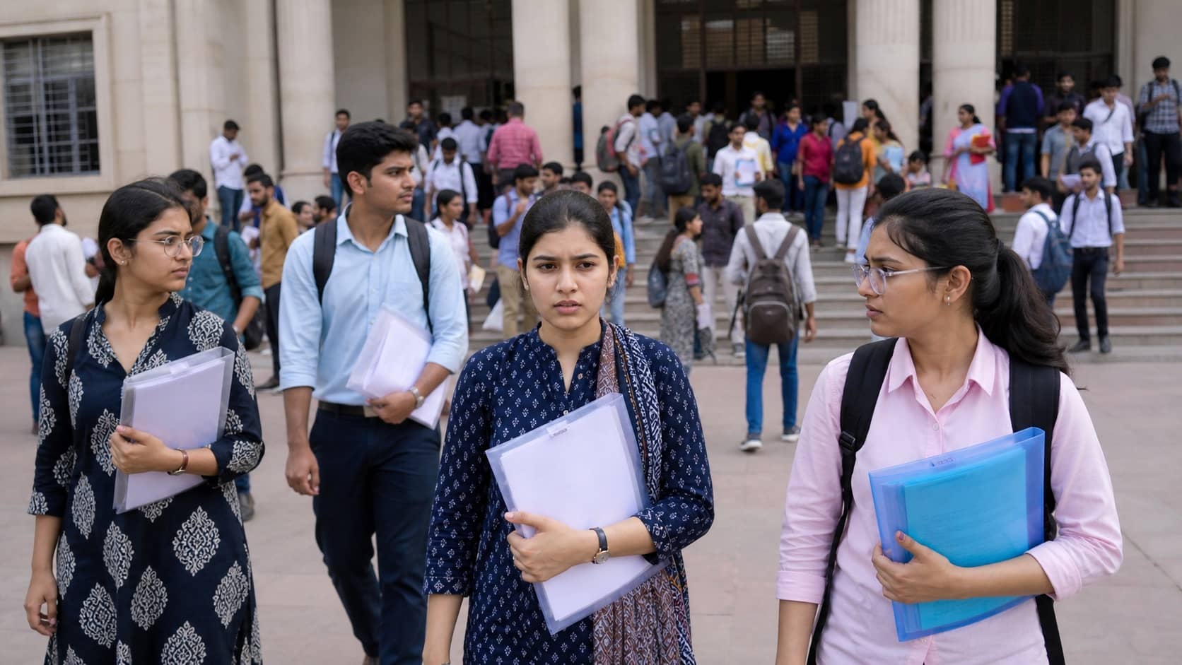 Medical admission candidates carrying document folders outside the IMS-BHU academic block