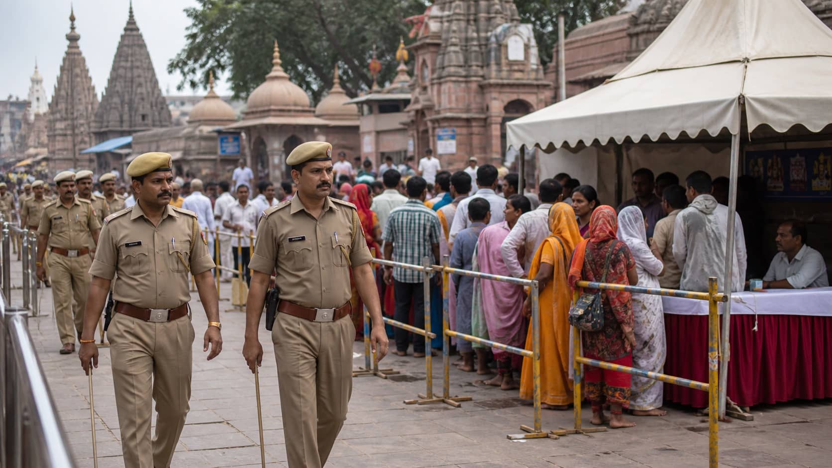 Police patrol near a crowded pilgrim approach to Kashi Vishwanath temple