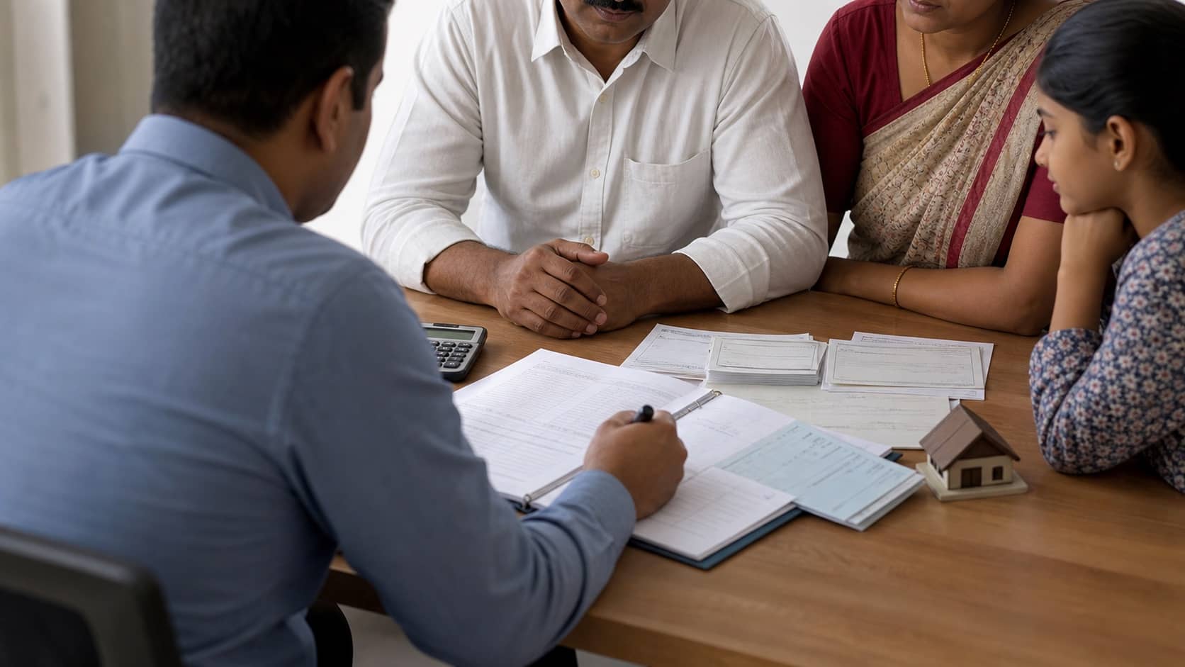 Distressed family reviewing loan papers and signed cheques at a table