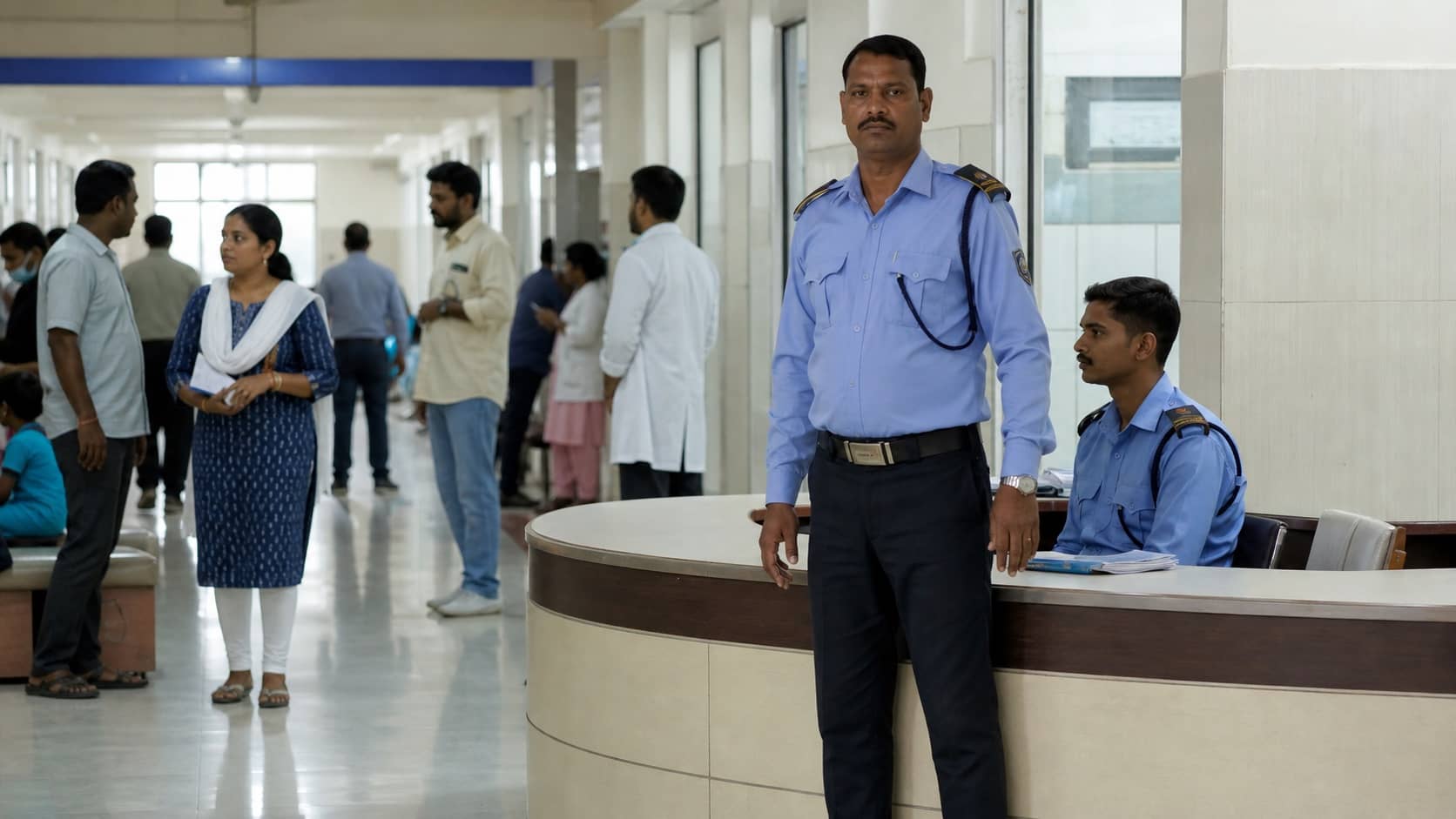 Security personnel standing in a busy outpatient corridor at BHU hospital