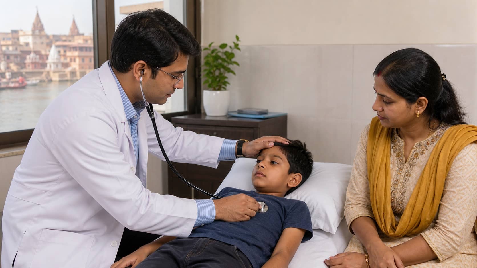 Paediatric doctor examining a child with fever in a Varanasi hospital clinic