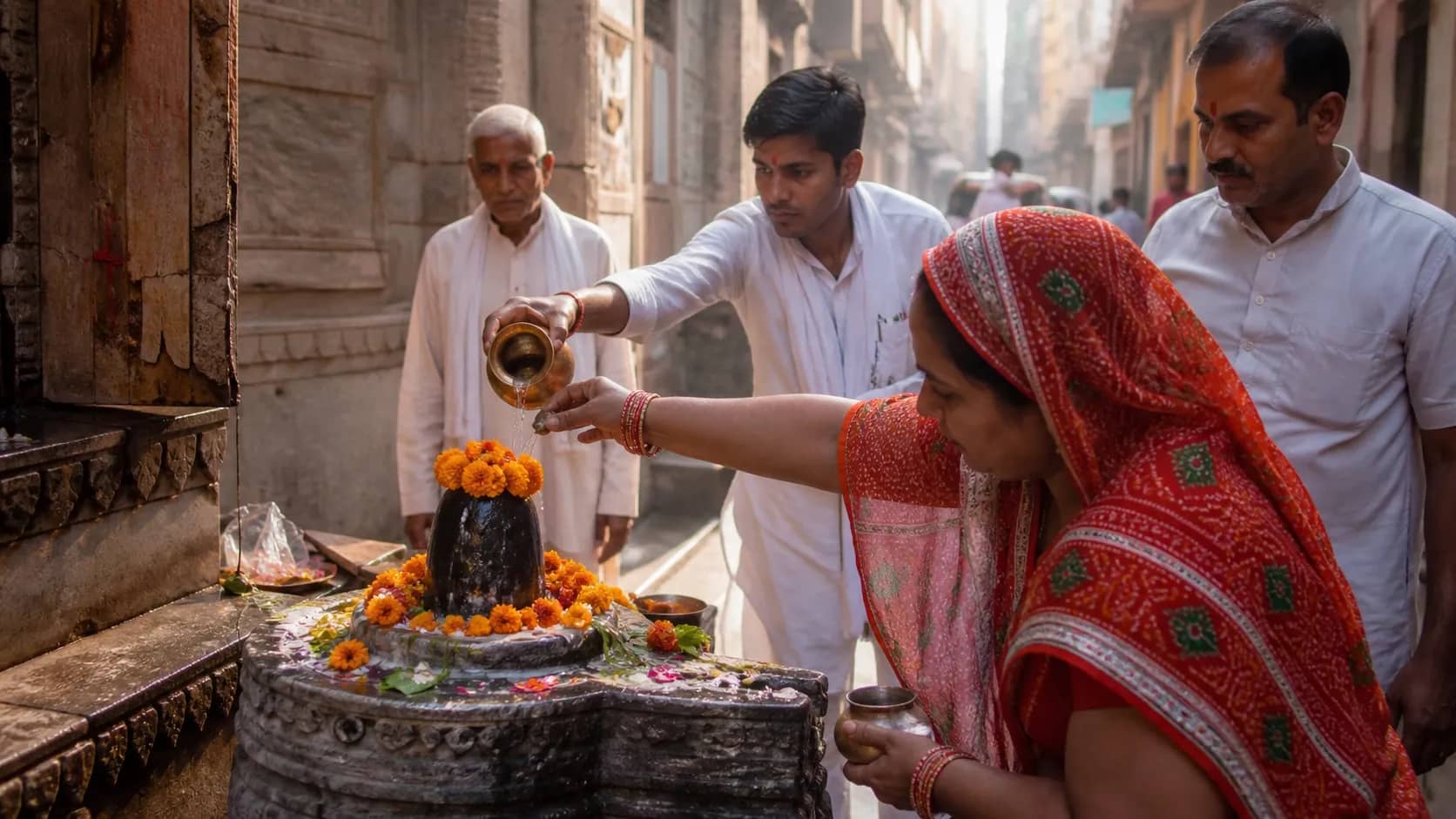 Devotees offering flowers and water at a small ancient Shiva shrine in old Varanasi